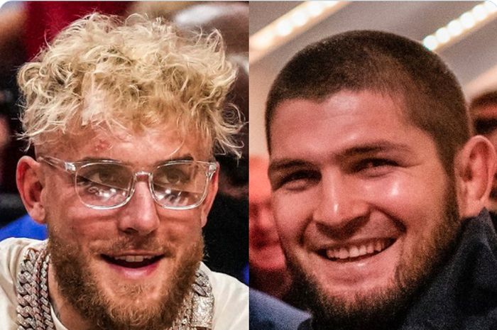 Kolase foto antara  petinju abal-abal,Jake Paul dan legenda UFC, Khabib Nurmagomedov. 