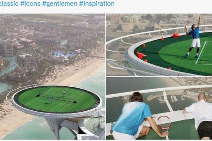 Andre Agassi dan Roger Federer bermain tenis di atas helipad Burj Al Arab di Dubai pada tahun 2005.