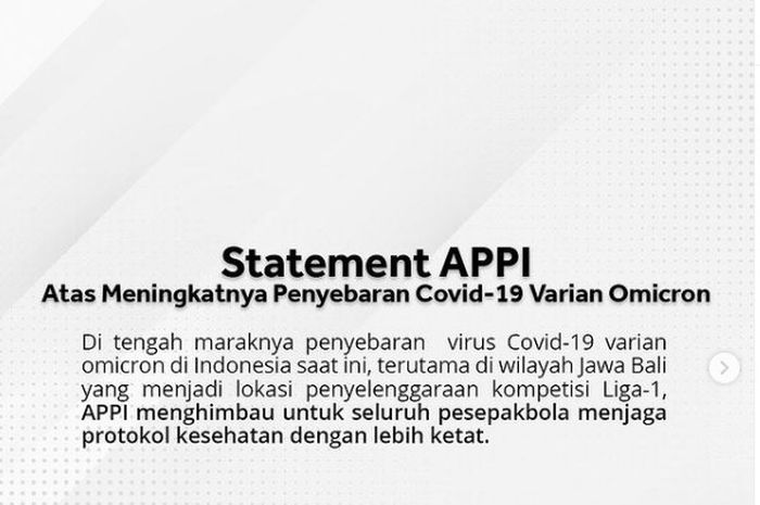 Statement resmi Asosiasi Pesepakbola Profesional Indonesia terkait merebaknya kasus Covid-19 dikalangan pesepakbola