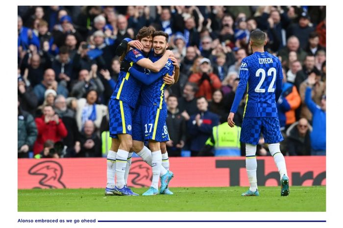 Selebrasi gol Marcos Alonso (kiri) pada pertandingan Chelsea versus Plymouth Argyle pada babak keempat Piala FA di Stamford Bridge, London, Sabtu (5/2/2022).