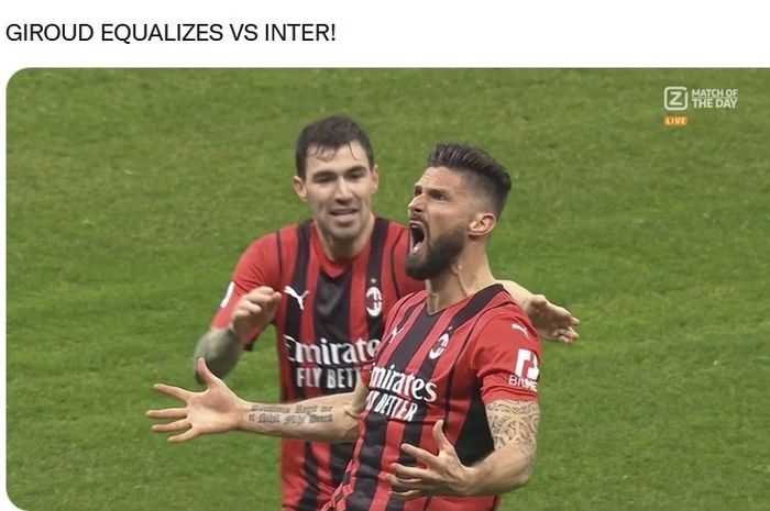 Olivier Giroud merayakan golnya ke gawang Inter Milan.