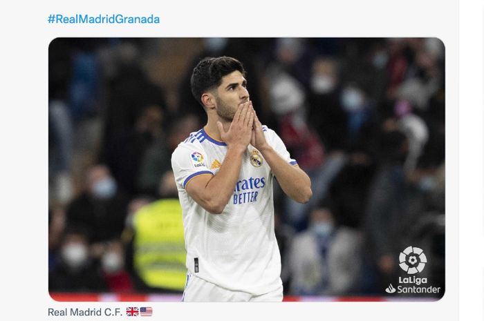 Ekspresi pemain Real Madrid, Marco Asensio, pada laga pekan ke-23 Liga Spanyol 2021-2022 versus Granada di Santiago Bernabeu, Madrid, Spanyol, Minggu (6/2/2022) waktu setempat atau Senin dini hari WIB.