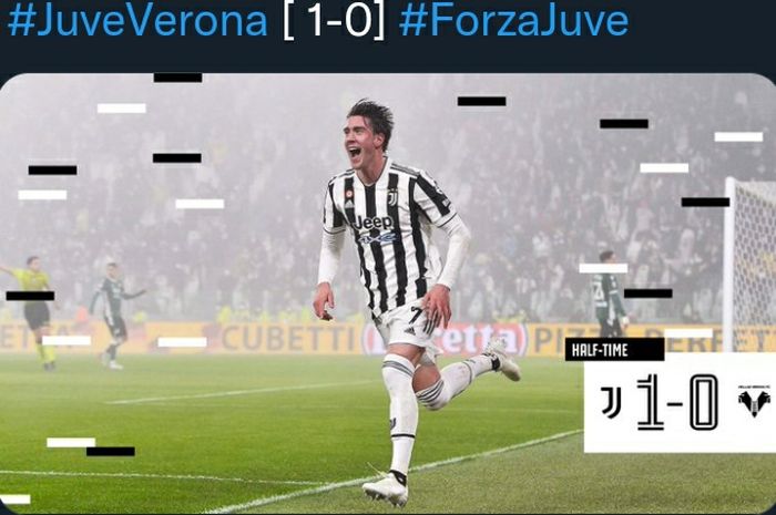 Striker baru Juventus, Dusan Vlahovic, merayakan gol ke gawang Hellas Verona pada laga lanjutan Liga Italia di Allianz Stadium, Minggu (6/2/2022).