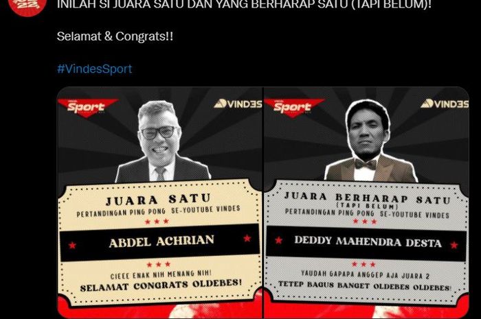 Desta vs Abdel, pertandingan ekshibisi tenis meja antar selebriti.