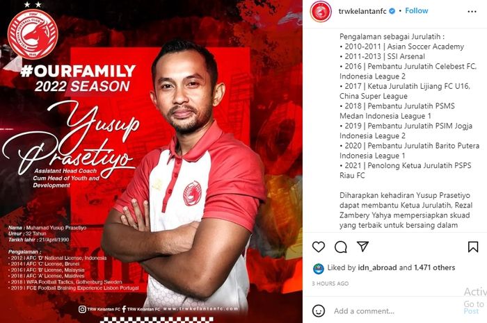 Asisten pelatih Kelantan FC asal Indonesia, Yusup Prasetiyo. 