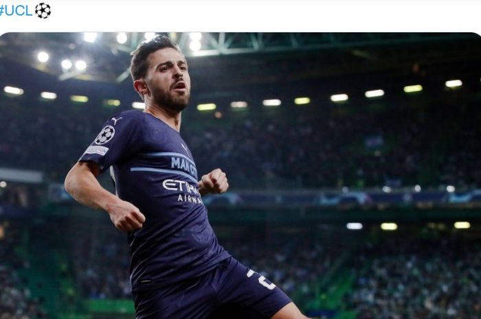 Bernardo Silva merayakan gol yang dicetaknya dalam laga Sporting CP vs Manchester City di leg pertama babak 16 besar Liga Champions, Selasa (15/2/2022) di Stadion Jose Alvalade, Lisabon. 