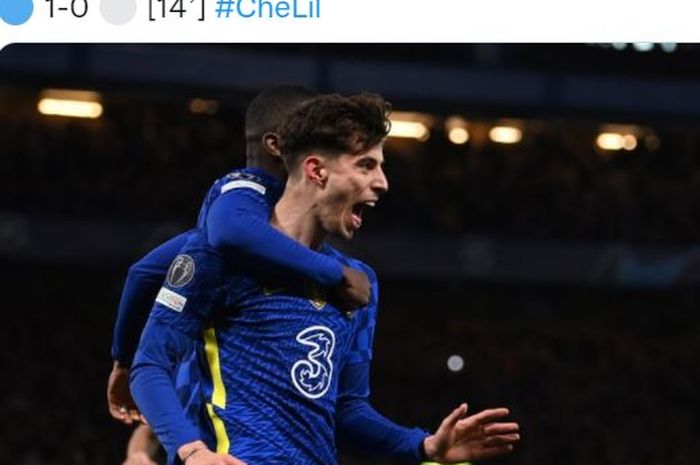 Penyerang Chelsea, Kai Havertz, merayakan gol ke gawang Lille dalam laga leg pertama babak 16 besar Liga Champions di Stadion Stamford Bridge, Selasa (22/2/2022).