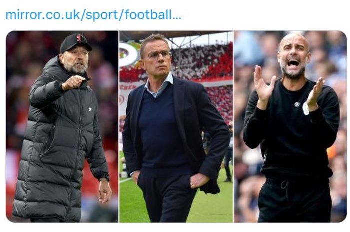 Kiri ke kanan: Juergen Klopp (pelatih Liverpool), Ralf Rangnick (Manchester United), dan Pep Guardiola (Manchester City).