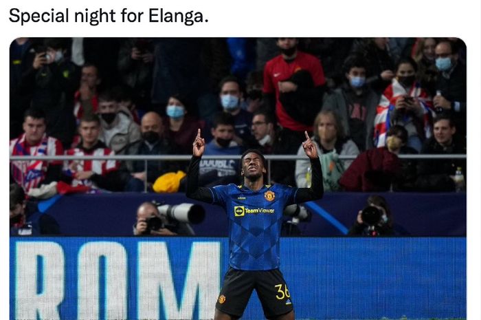 Ekspresi pemain Manchester United, Anthony Elanga, usai mencetak gol ke gawang Atletico Madrid pada babak 16 Besar Liga Champions di Stadion Wanda Metropolitano, Madrid, Rabu (23/2/2022)