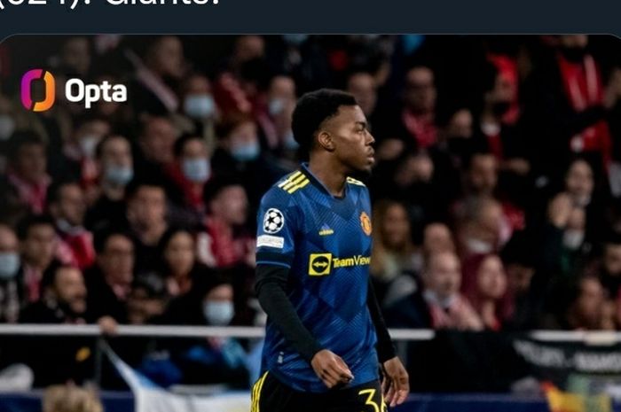 Pemain sayap Manchester United, Anthony Elanga, pada laga leg pertama babak 16 besar Liga Champions di Stadion Wanda Metropolitano, Rabu (23/2/2022)