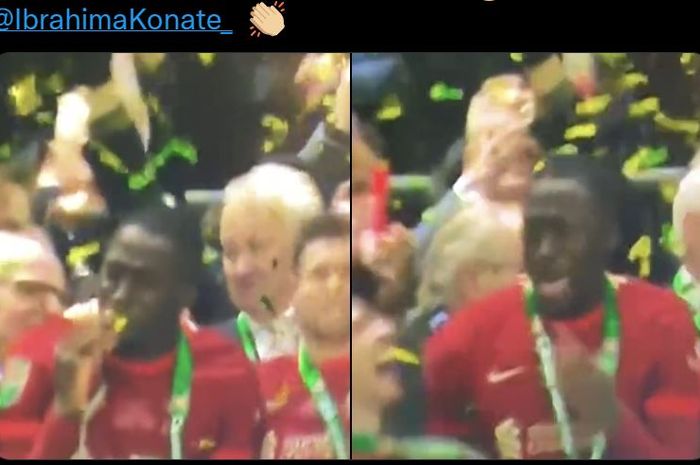 Mulut Ibrahima Konate malah kemasukan Confetti saat Liverpool merayakan juara Piala Liga Inggris 2021-2022.