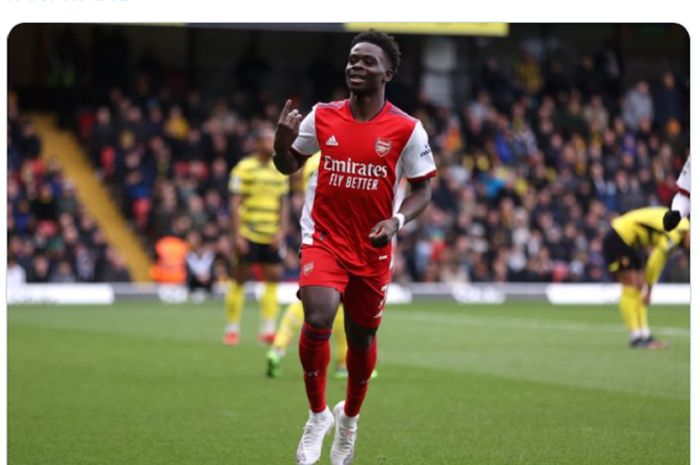 Selebrasi gelandang muda Arsenal, Bukayo Saka setelah mencetak gol ke gawang Watford di pekan ke-28 Liga Inggris pada Minggu (6/3/2022)