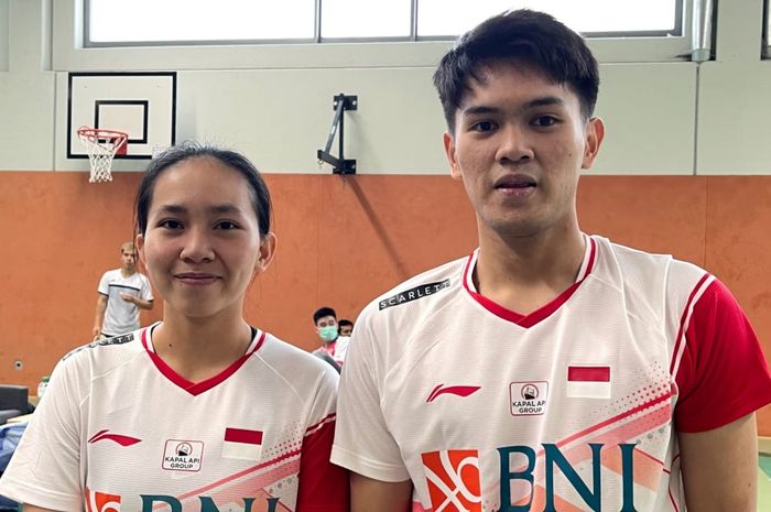 Pasangan ganda campuran Indonesia, Adnan Maulana/Mychelle Crhystine Bandaso, saat bertanding pada German Open 2022.