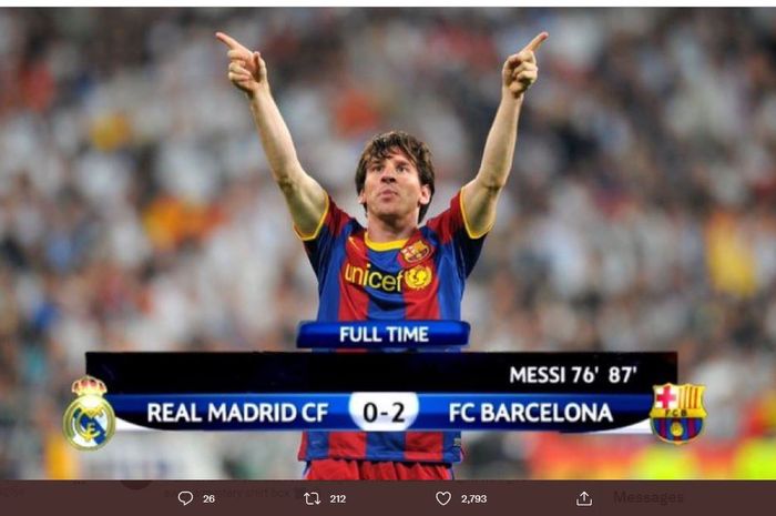 Lionel Messi, saat masih membela Barcelona, menghadapi Real Madrid di Santiago Bernabeu pada semifinal Liga Champions 2010-2011.