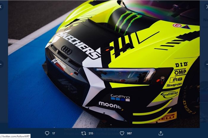 Penampakan livery mobil Audi R8 LMS GT3 dari W-Racing Team yang akan dipakai Valentino Rossi pada GT World Challenge Europe  musim 2022.