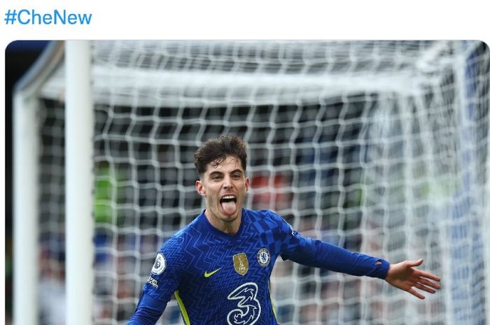 Ekspresi pemain Chelsea, Kai Havertz, saat mencetak gol ke gawang Newcastle United pada pekan ke-29 Liga Inggris di Stamford Bridge, London, Inggris, Minggu (13/3/2022)