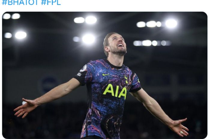 Selebrasi Harry Kane usai mencetak gol di laga Tottenham Hotspur melawan Brighton &amp; Hove Albion pada Rabu (16/3/2022) waktu setempat atau Kamis dini hari WIB.