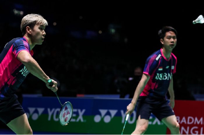 Marcus Fernaldi Gideon dan Kevin Sanjaya Sukamuljo di All England 2022.