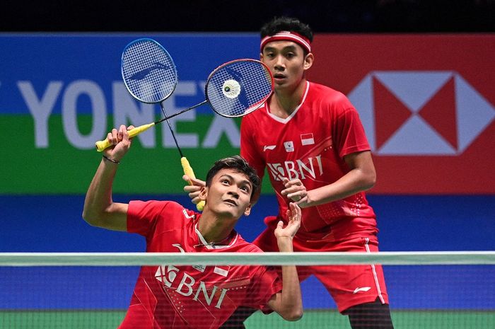 Pasangan ganda putra Indonesia, Muhammad Shohibul Fikri/Bagas Maulana, pada semifinal All England 2022 di Utilita Arena, Birmingham, Inggrid, Sabtu (19/3/2022).