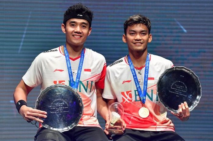 Ganda putra Indonesia, Muhammad Shohibul Fikri/Bagas Maulana saat menjuarai All England Open 2022, Minggu (20/3/2022)