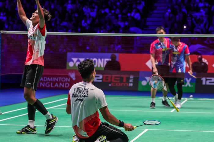 Ekspresi Muhammad Shohibul Fikri/Bagas Maulana usai mengalahkan Mohammad Ahsan/Hendra Setiawan pada final All England Open 2022, Minggu (20/3/2022)