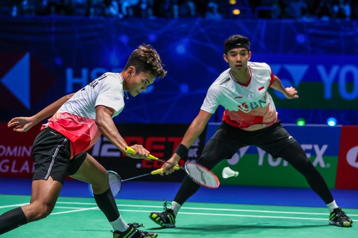 Aksi Muhammad Shohibul Fikri/Bagas Maulana pada final All England Open 2022, Minggu (20/3/2022)