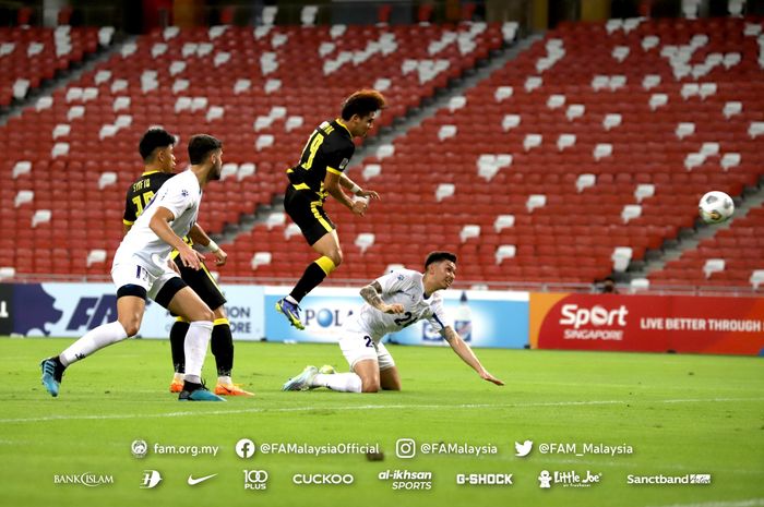 Akhyar Rashid saat mencetak gol dalam laga Malaysia Vs Filipina di National Stadium Singapore dalam FAS Tri-Nations Series 2022, Rabu (23/3/2022).