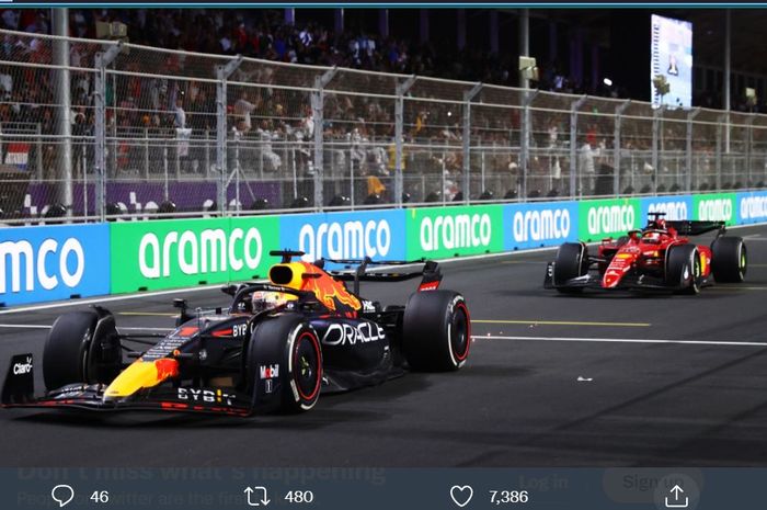 Pembalap Red Bull, Max Verstappen saat mealkoni balapan F1 GP Arab Saudi, Minggu (27/3/2022)