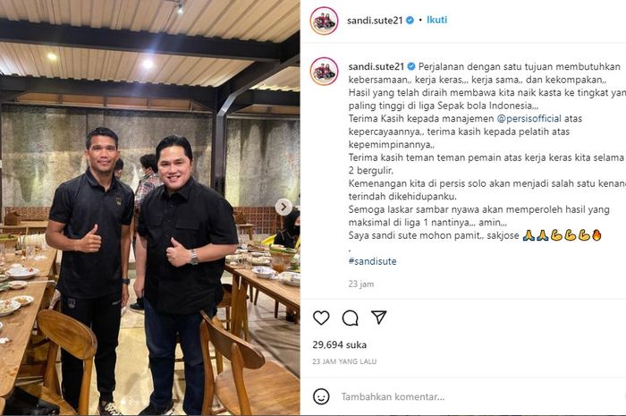 Tangkapan layar dari instagram pribadi Sandi Sute saat mengucapkan salam perpisahan dari Persis Solo