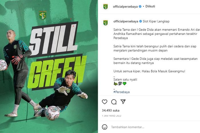 Satria Tama dan I Gede Dika jadi dua nama kiper terakhir yang resmi dipertahankan Persebaya untuk mengarungi Liga 1 musim depan.