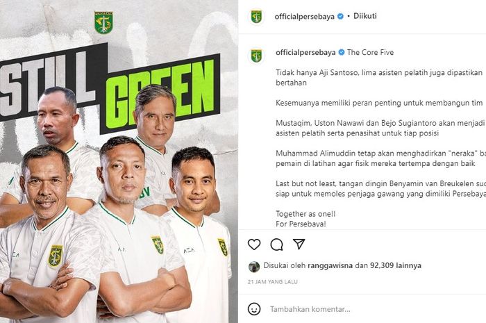 Lima asisten pelatih Aji Santoso di Liga 1 musim 2021/22 resmi bertahan untuk kompetisi musim depan