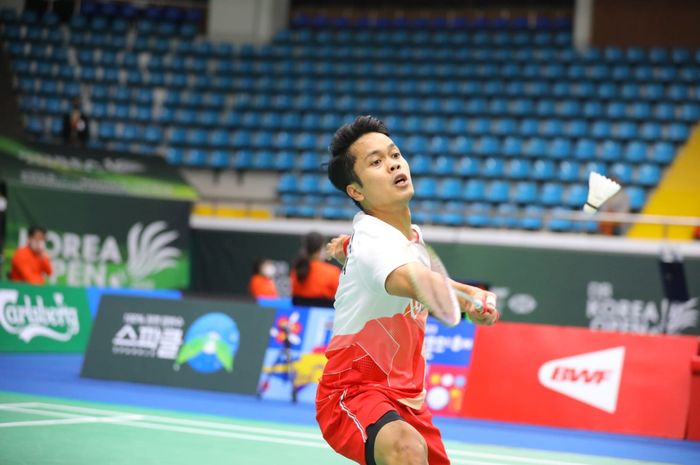 Aksi tunggal putra Indonesia Anthony Sinisuka Ginting pada babak pertama Korea Open 2022 di Palma Stadium, Suncheon, Selasa (5/4/2022)