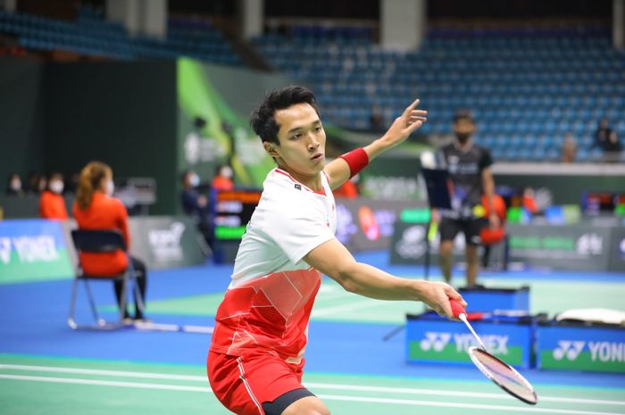 Pebulu tangkis tunggal putra Indonesia, Jonatan Christie, saat tampil pada babak kesatu di Korea Open 2022 pada Rabu (6/4/2022).