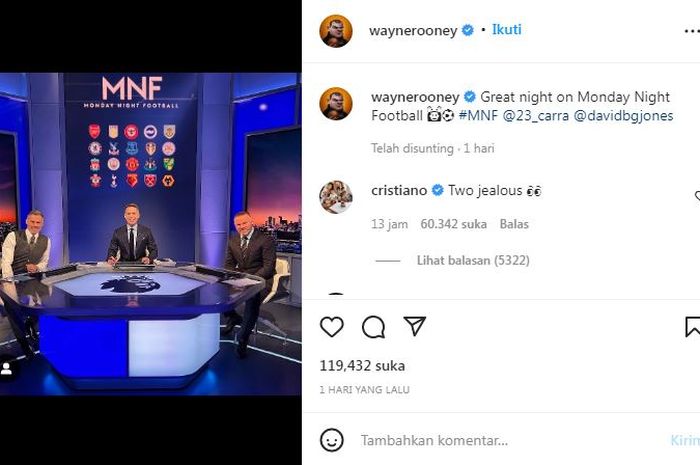 Cristiano Ronaldo mengomentari unggahan Wayne Rooney di Instagram.