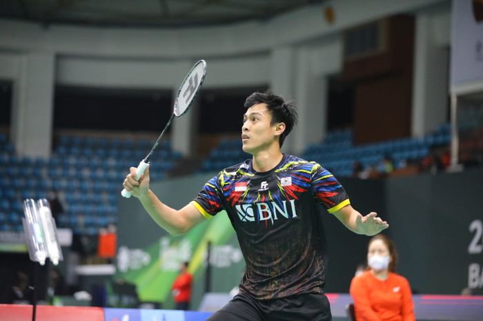 Pebulu tangkis tunggal putra Indonesia, Shesar Hiren Rhustavito, pada babak kedua Korea Open 2022 di Palma Stadium, Suncheon, Kamis (7/4/2022).