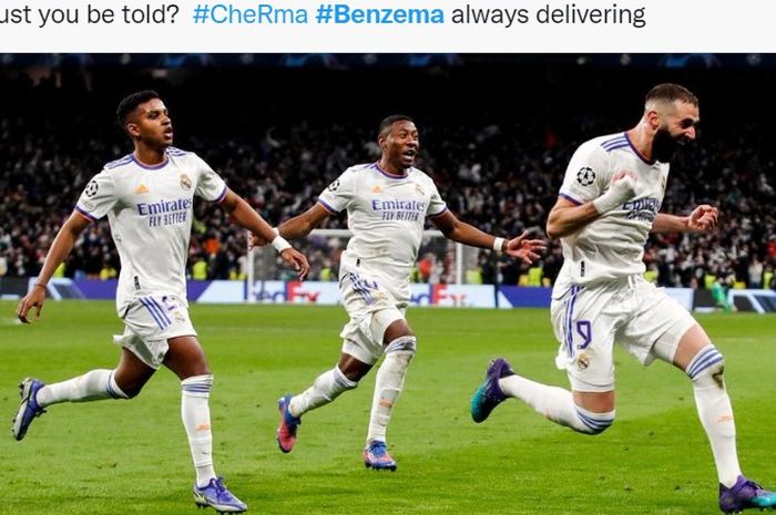 Selebrasi para pemain Real Madrid usai Karim Benzema mencetak gol.