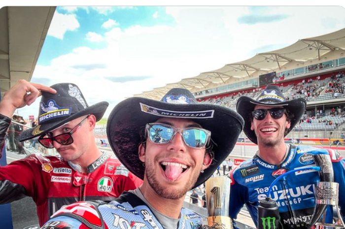 Para pemilik podium MotoGP Americas 2022 yakni Jack Miller (Ducati Lenovo Team), Enea Bastianini (Gresini Racing) dan Alex Rins (Suzuki Ecstar)