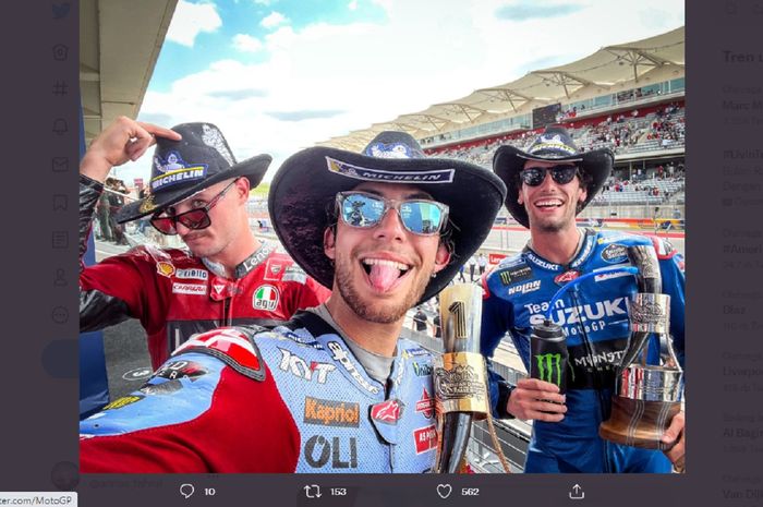 Pemilik podium MotoGP Americas 2022. (dari kiri) Jack Miller, Enea Bastianini dan Alex Rins.