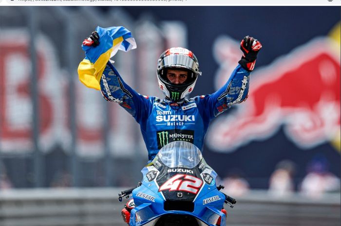 Pembalap Suzuki Ecstar, Alex Rins, ketika mengaspal pada MotoGP Americas 2022 di Circuit of the Americas, Texas, Minggu (10/4/2022).