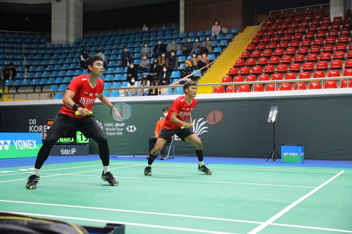 Pasangan ganda putra Indonesia, Muhammad Shohibul Fikri/Bagas Maulana, pada Korea Open 2022 di Palma Stadium, Suncheon,  April.