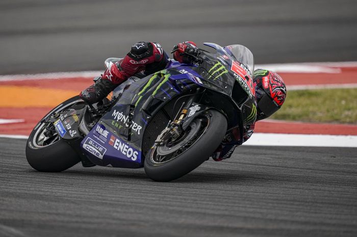 Aksi pembalap Monster Energy Yamaha, Fabio Quartararo, pada balapan seri ketiga MotoGP Ameicas di Sirkuit Americas, Texas, Amerika Serikat, 10 April 2022.