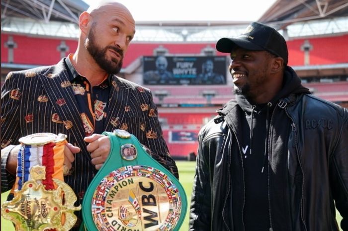 Tyson Fury (kiri) dan Dillian Whyte (kanan). Keduanya akan bertarung pada Sabtu (23/4/2022) di Stadion Wembley, London, Inggris. 