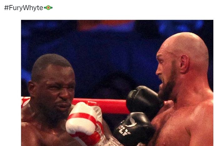 Uppercut Tyson Fury yang meng-KO Dillian Whyte di ronde 6 dalam laga perebutan sabuk juara kelas berat WBC, Minggu (24/4/2022) WIB di London.