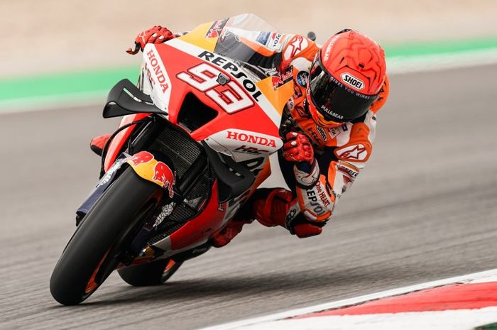 Aksi pembalap Repsol Honda, Marc Marquez dalam sesi balapan MotoGP Portugal 2022, Minggu (24/4/2022)