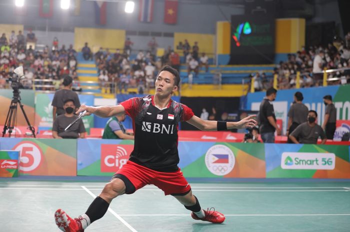 Jonatan Christie ketika beraksi pada semifinal Kejuaraan Asia 2022 di Muntinlupa Sports Complex, Manila, Filipina, Sabtu (30/4/2022).