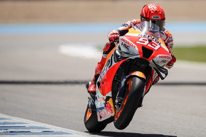 Aksi pembalap Repsol Honda, Marc Marquez pada hari kedua MotoGP Spanyol 2022 di Sirkuit Jerez, Sabtu (30/4/2022)