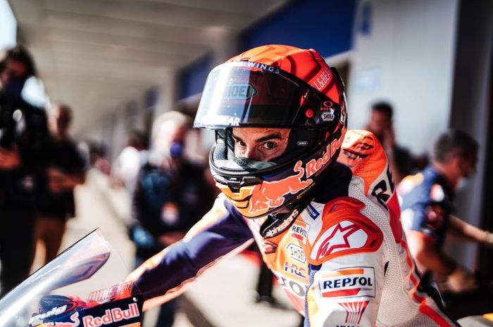 Persiapan pembalap Repsol Honda, Marc Marquez jelang sesi kualifikasi MotoGP Spanyol 2022, Sabtu (30/4/2022)