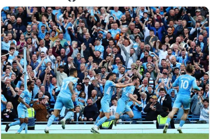 Selebrasi Aymeric Laporte usai mencetak gol dalam laga Man City melawan Newcastle di pekan ke-36 Liga Inggris 2021-2022.