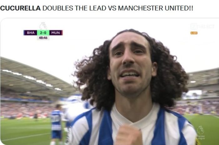 Bek Brighton, Marc Cucurella, emosional usai menjebol gawang manchester Untied dalam aga di AMEX Stadium, Sabtu (7/5/2022).