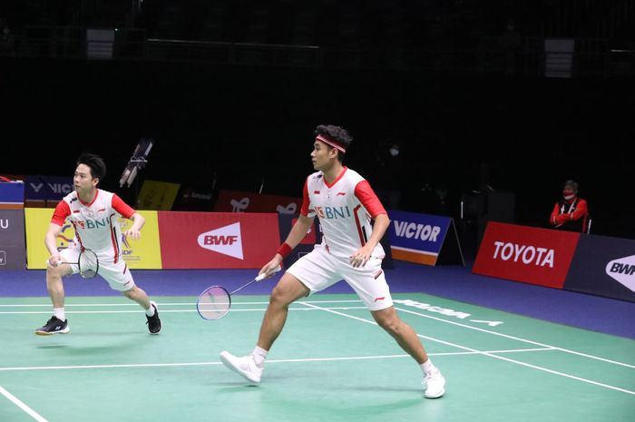 Pasangan ganda putra Indonesia, Kevin Sanjaya/Bagas Maulana, laga kedua grup Thomas Cup 2022 lawan Thailand di Impact Arena, Bangkok, Thailand, Senin (10/5/2022).